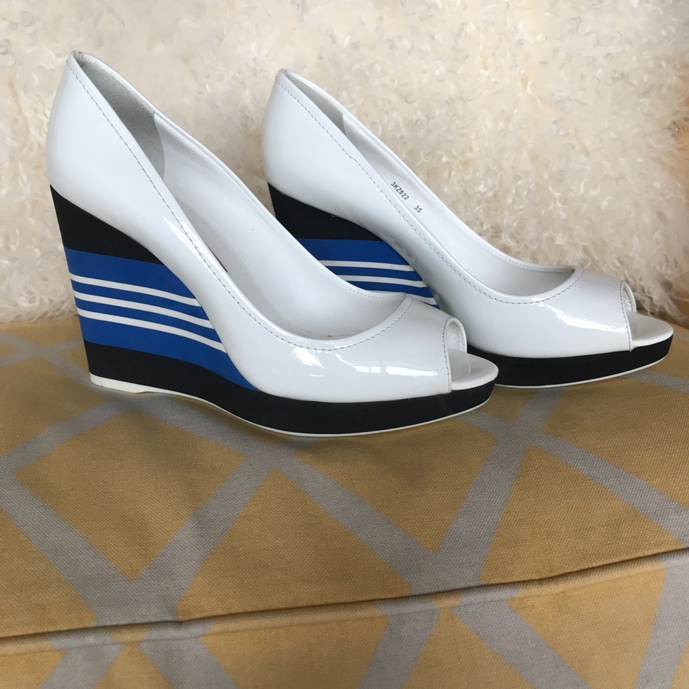 Prada patent leather peep toe wedge